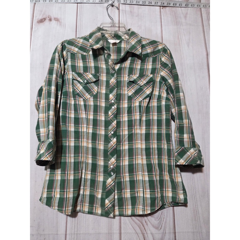 Arizona Jean Co Womens Green Plaid Pearl Snap Western Shirt 3/4 Sleeve Large
